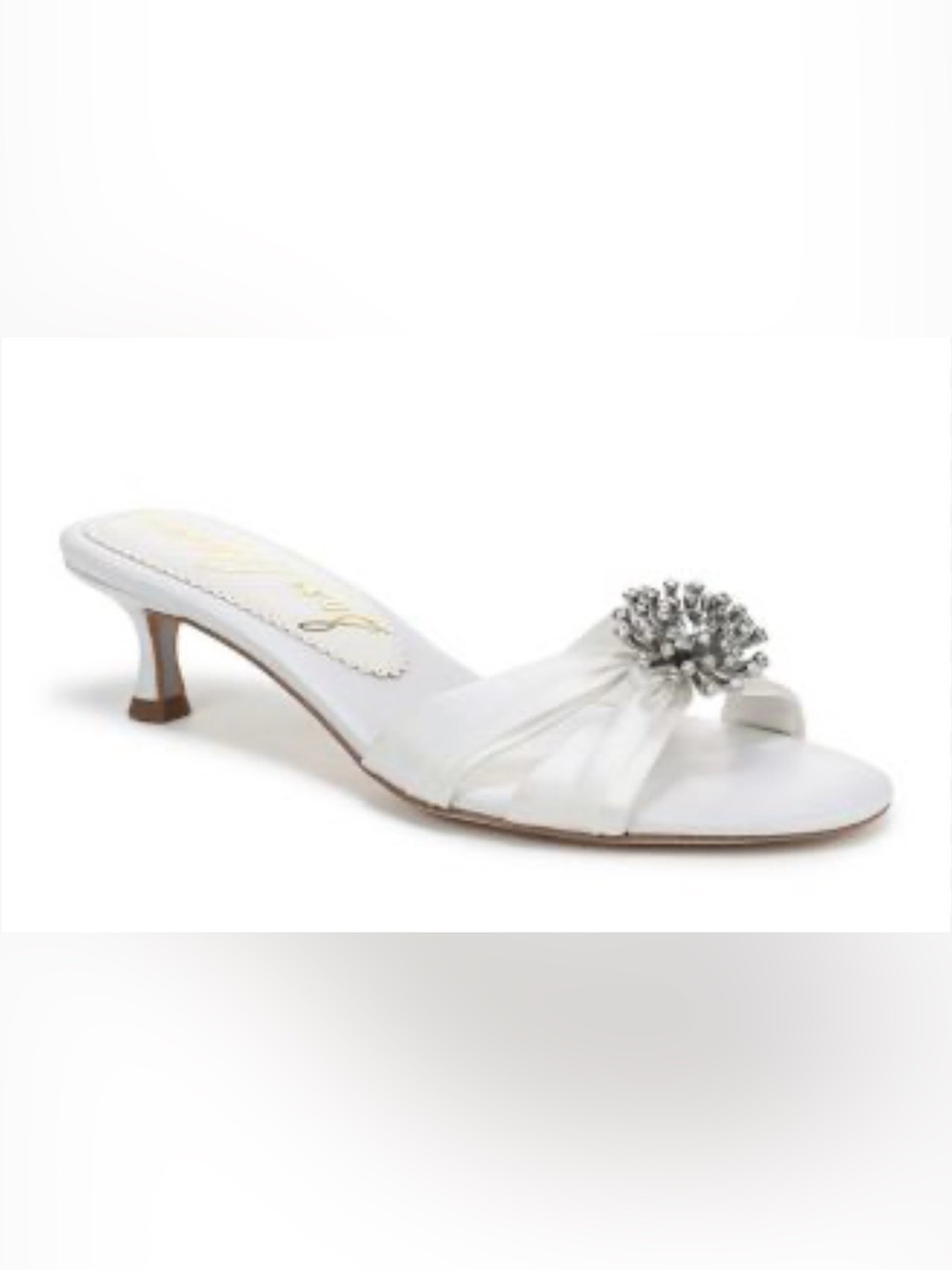 NWOB Sam Edelman White Satin Bridal Kitten Heel Slide with Crystal Brooch Size 6